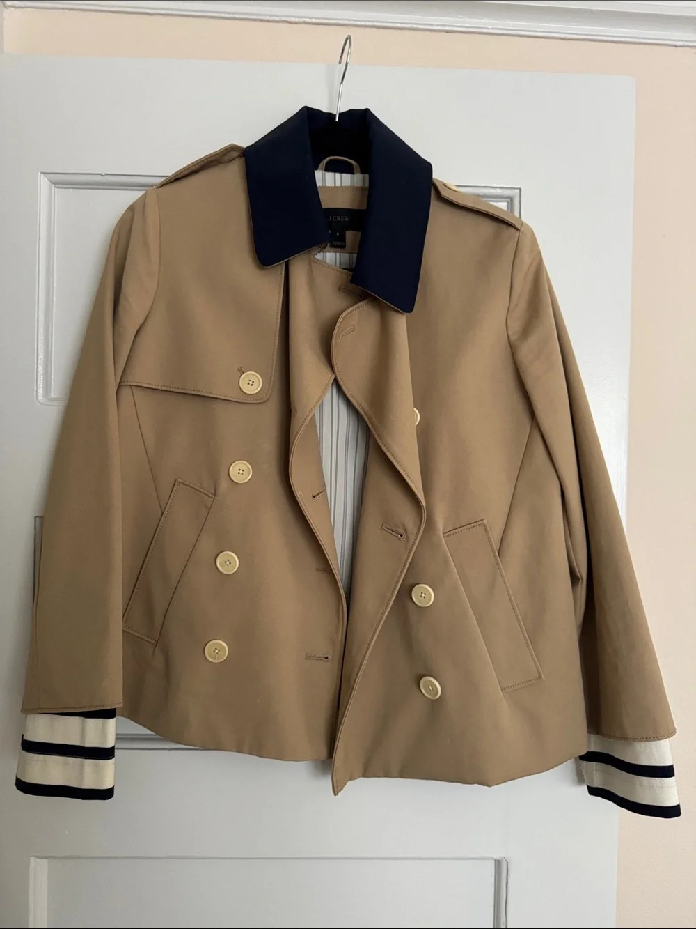 Jcrew short trench coat, removable stripe cuffs